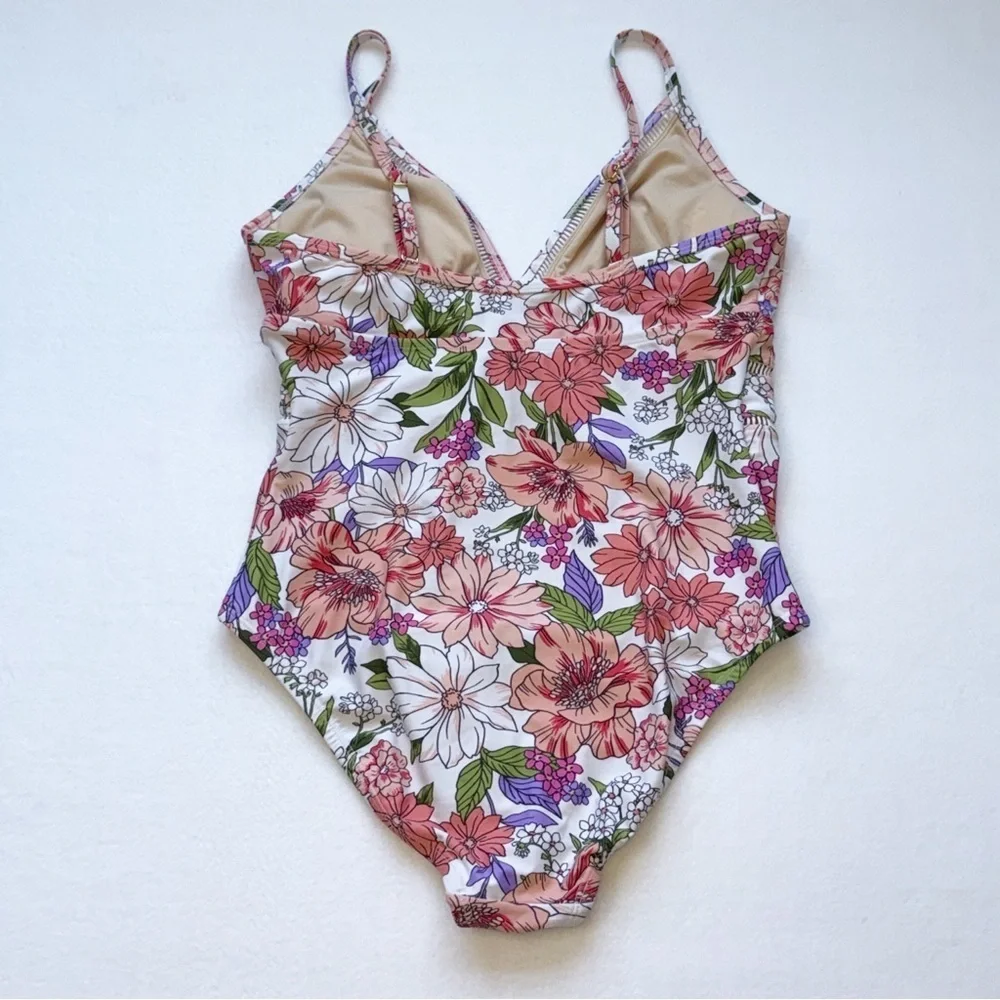 Kona Sol women’s ladder trim One Piece swimsuit multi color floral size LARGE